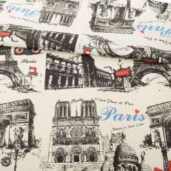 Деко льон Париж, графичні малюнки чорні, раппорт 32см, пісочний, ш.152