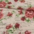 Деко лен цветы красно-розовые, надписи бежевый, ш.155 оптом