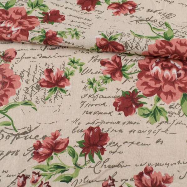 Деко льон квіти червоно-рожеві, написи бежевий, ш.155 оптом