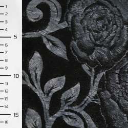 Мех искусственный черный со штампованными синими розами ш.150