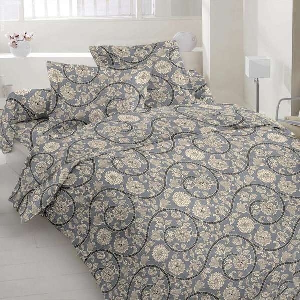 Бязь набивная серая, бежевые завитки, цветы, ш.220 оптом