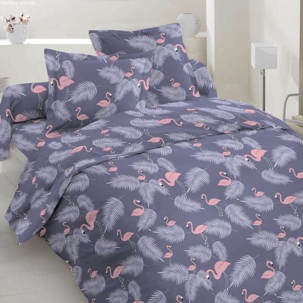 Бязь набивная фиолетовая, розовые фламинго, серые перья, ш.220 оптом