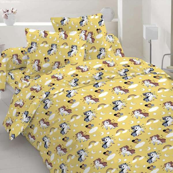 Бязь набивная желтая, белые единорожки, ш.220 оптом