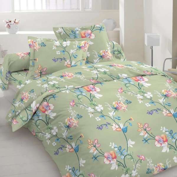 Бязь набивная серо-зеленая, оранжево-розовые цветы, ш.220 оптом