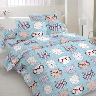 Бязь набивная голубая, коты в очках, ш.220 оптом