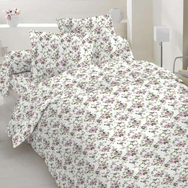 Бязь набивная белая, сиреневые розочки ш.220 оптом