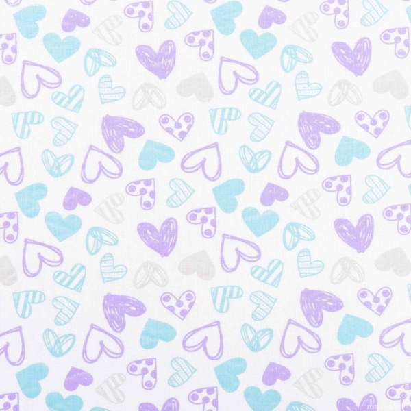 Ситец детский белый, сердечки сиреневые, бирюзовые, ш.95 оптом