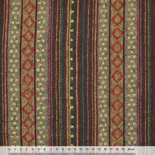 Ткань этно коричнево-бежевые полосы с красными ромбами ш.150 оптом