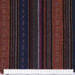 Ткань этно терракотово-синие, коричнево-малиновые полоски с орнаментом ш.146 оптом
