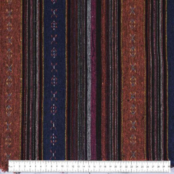 Ткань этно терракотово-синие, коричнево-малиновые полоски с орнаментом ш.146 оптом