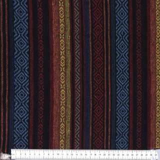Ткань этно красный, голубой орнамент, оранжевые, желтые полоски, ш.150 оптом