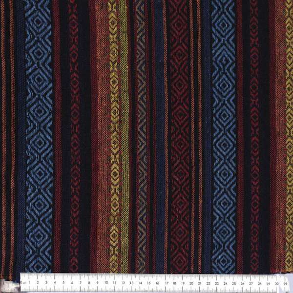 Ткань этно красный, голубой орнамент, оранжевые, желтые полоски, ш.150 оптом