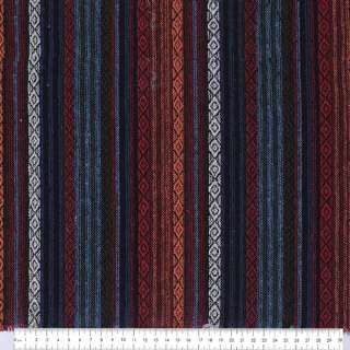 Ткань этно оранжевый, красный, белый орнамент, цветные полоски ш.150 оптом