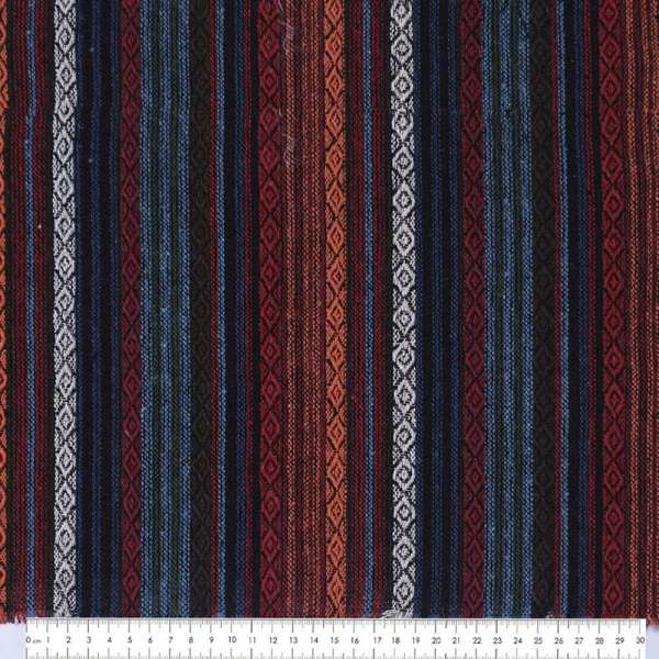 Ткань этно оранжевый, красный, белый орнамент, цветные полоски ш.150 оптом