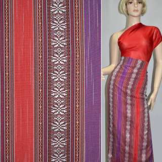 Ткань этно фиолетовые, красные, коричневые полосы с орнаментом ш.150 оптом