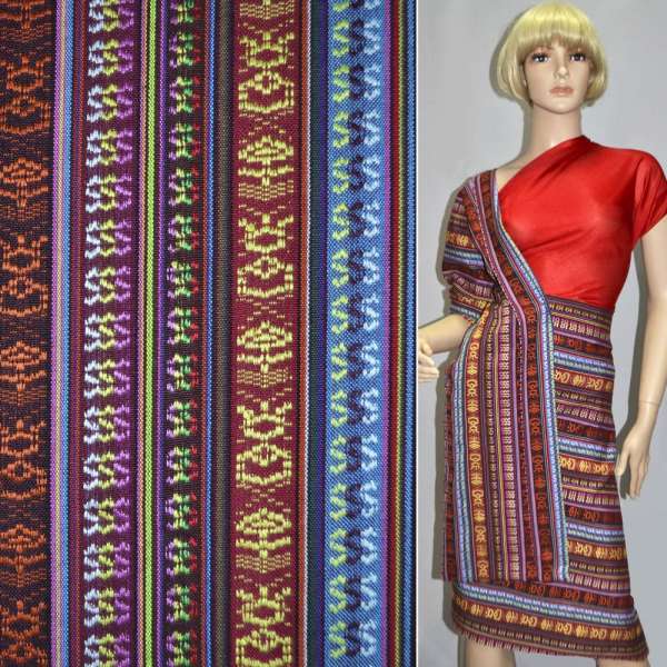 Ткань этно бордовые, голубые, коричневые полосы с орнаментом ш.150 оптом
