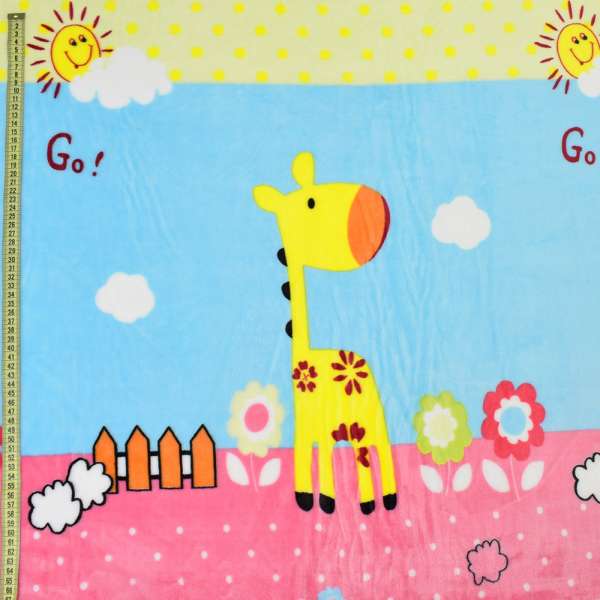Велсофт двухсторонний жирафы, цветы, облака, розовая кайма, голубой, ш.220 оптом