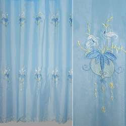 Вуаль тюль шифон вышивка цветы, голубая, ш.280