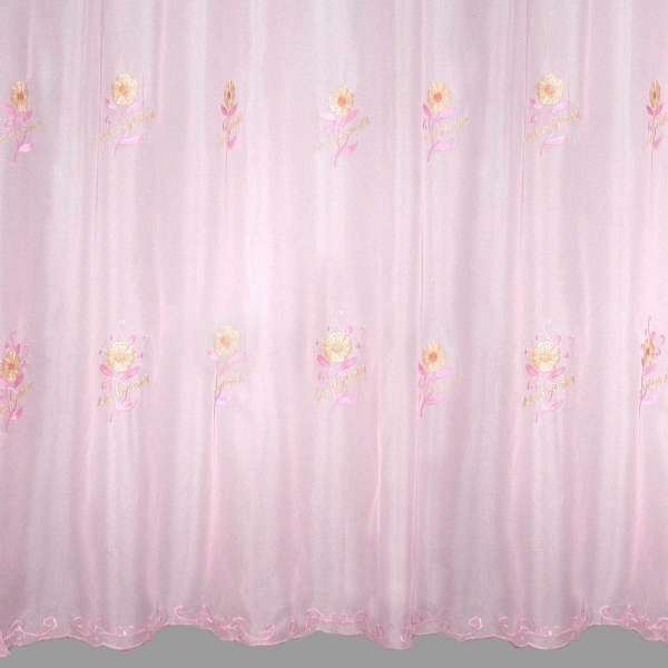 Вуаль тюль шифон вышивка цветы бежево-розовые, кайма вензель, розовая, ш.270 оптом