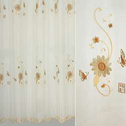 Вуаль тюль шифон вишивка квіти, метелики бежево-коричневі, молочна, ш.280