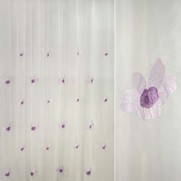 Вуаль тюль шифон жатая вышивка цветы фиолетовые на молочном фоне, ш.280 оптом