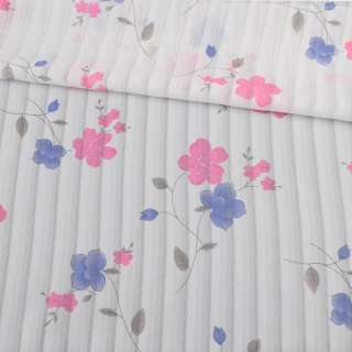 Вуаль тюль шифон полосы полупрозрачные принт цветы розовые, синие, белая ш.137 оптом