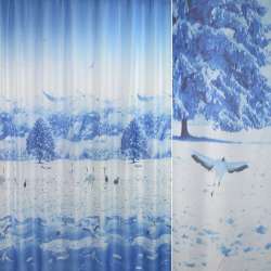 Вуаль тюль шифон фотопринт зима, птиці, блакитна, ш.270