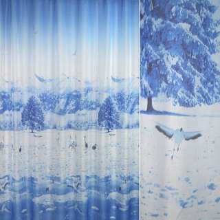 Вуаль тюль шифон фотопринт зима, птиці, блакитна, ш.270 оптом