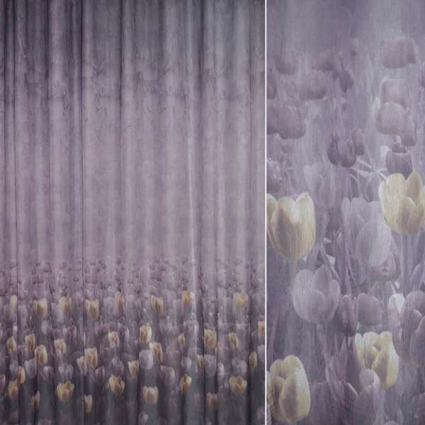 Кристаллон тюль принт тюльпани бежево-золотисті на фіолетовому тлі, ш.275 оптом