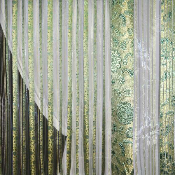 Органза тюль жакардова в смужку з метанітью з квітами золотисто-зелені, молочна, ш.275 оптом