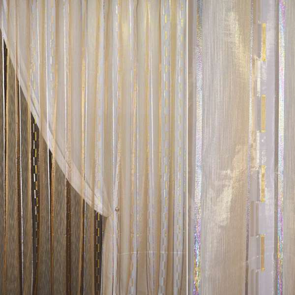 Органза тюль жакардова смуги штрихи бежеві, з метанітью, бежева, ш.280 оптом
