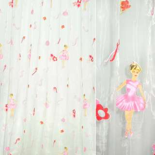 Органза тюль принт балерина в рожевій сукні, квіти, біла, ш.275 оптом