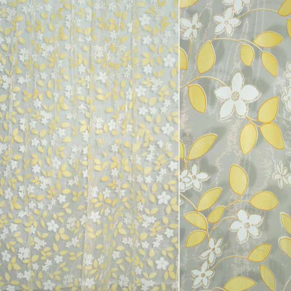 Органза тюль принт листья желтые, цветы белые с напылением золотистым, белая, ш.270 оптом