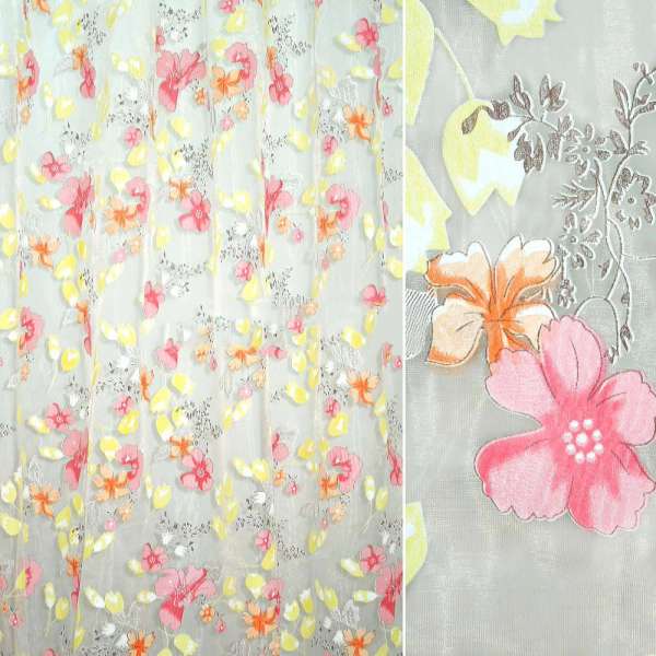 Органза тюль принт цветы оранжевые, розовые, желтые, белая, ш.270 оптом