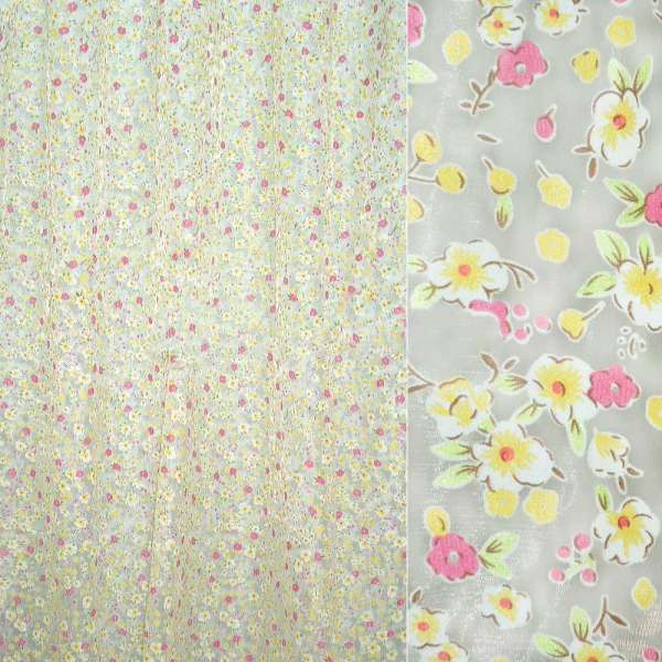 Органза тюль принт цветы мелкие желто-розовые, белая, ш.270 оптом