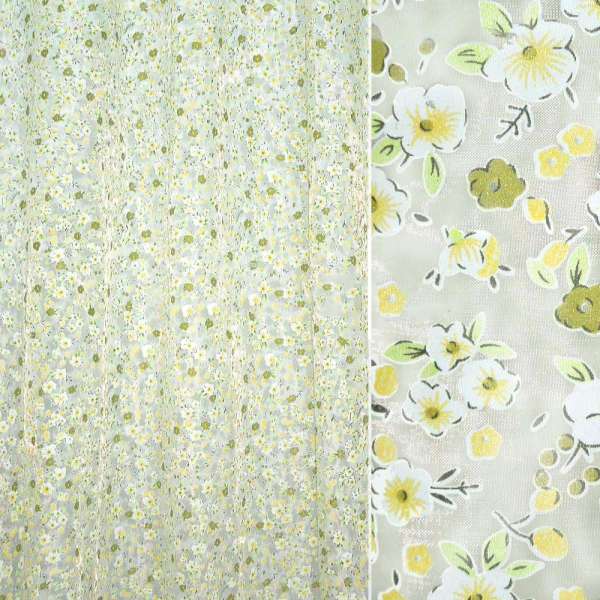 Органза тюль принт цветы мелкие желто-зеленые, белая, ш.270 оптом