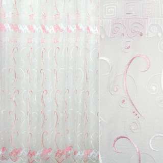 Органза тюль з вишивкою завитки білі і рожеві, облямівка, біла, ш.250 оптом