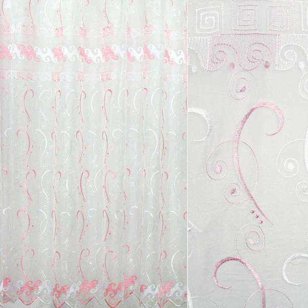 Органза тюль с вышивкой завитки белые и розовые, кайма, белая, ш.250 оптом