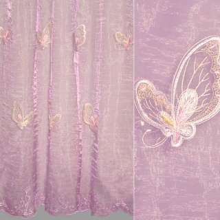 Органза тюль з вишивкою метелики, фіолетова оптом