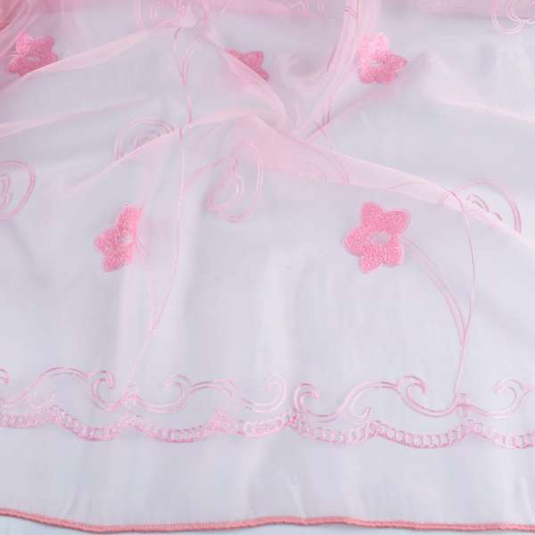Органза тюль с вышивкой вьюнок с цветком, розовая, ш.275 оптом