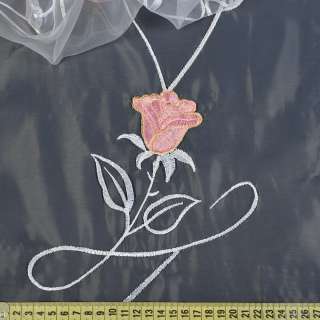 Органза тюль с вышивкой розочки розовые веточки белые, белая, ш.280 оптом