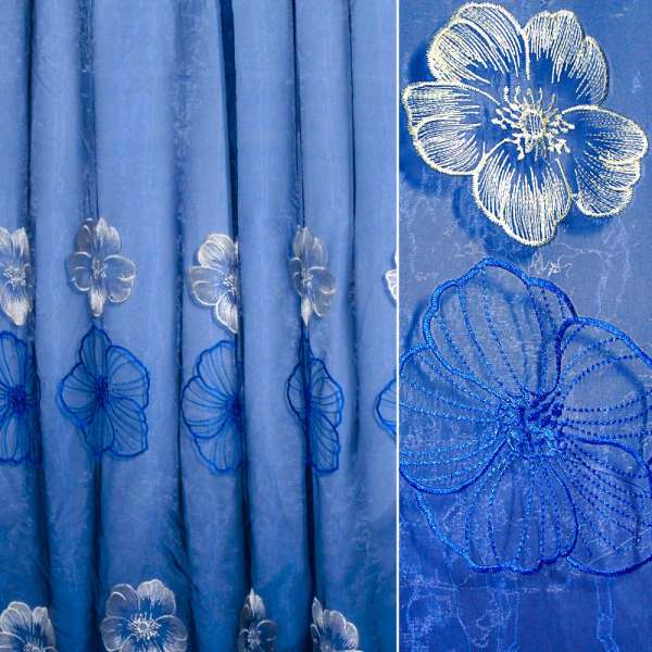 Органза тюль с вышивкой цветы крупные синие и бежевые, синяя, ш.280 оптом