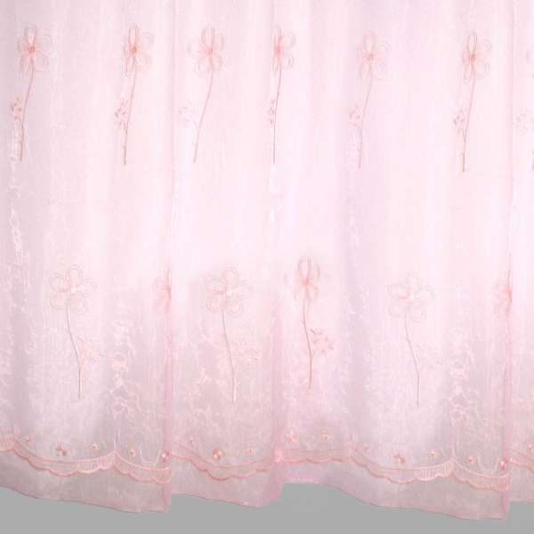Органза тюль с вышивкой цветами крупными, кайма, розовая, ш.280 оптом