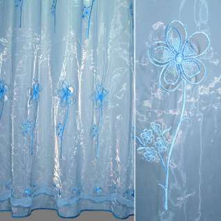 Органза тюль з вишивкою, вирізаними квітами з круглим пелюсткою, блакитна, ш.280 оптом