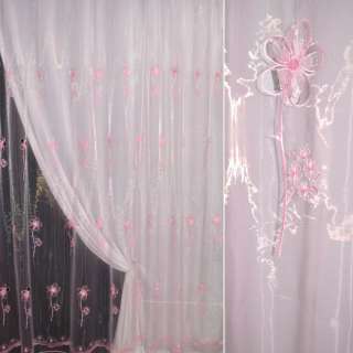 Органза тюль з вишивкою, вирізаними квітами з круглим пелюсткою, рожева, ш.280 оптом