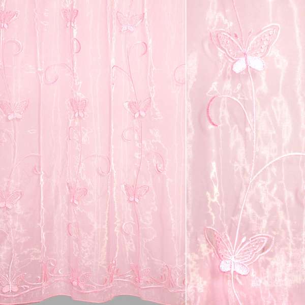 Органза тюль с вышивкой, вырезанными бабочками, розовая, ш.280 оптом