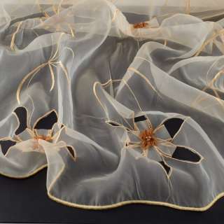 Органза тюль з вишивкою, вирізаними квітами, бежева, ш.275 оптом