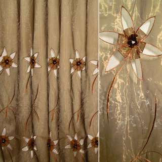 Органза тюль з вишивкою, вирізаними квітами, коричнева, ш.280 оптом