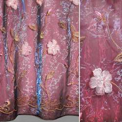 Органза тюль з вишивкою квіти і листя рожеві, бордова, ш.270