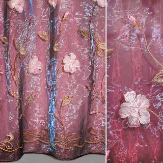 Органза тюль с вышивкой цветы и листья розовые, бордовая, ш.270 оптом